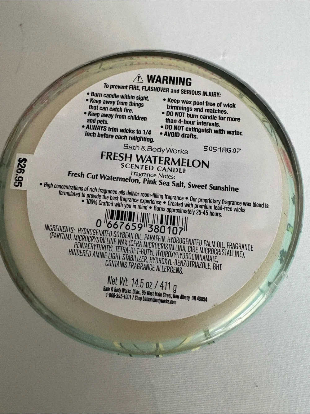 Bath & Body Works Fresh Watermelon Candle 14.5 oz jar NWT 3 wicks